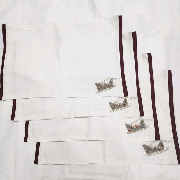 Santa's Workshop Embroidered Sleigh Placemats White Red Trim Christmas Set of 4 - Picture 1 of 12